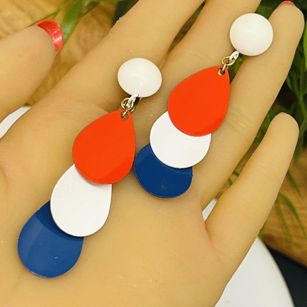 Long Vintage Enamel Earrings Patriotic Dangle Tear shaped Red White Blue 1334